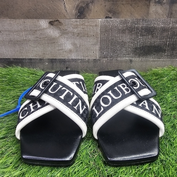 Christian Louboutin Black/White Logo Canvas and Leather Crossimule Flat Slides - Picture 6 of 11